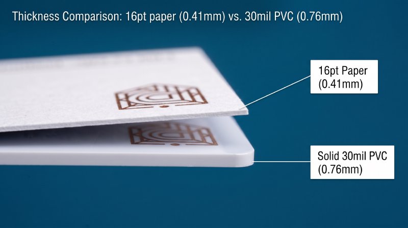 Macro side profile comparing  16pt paper and 30mil PVC edge thickness