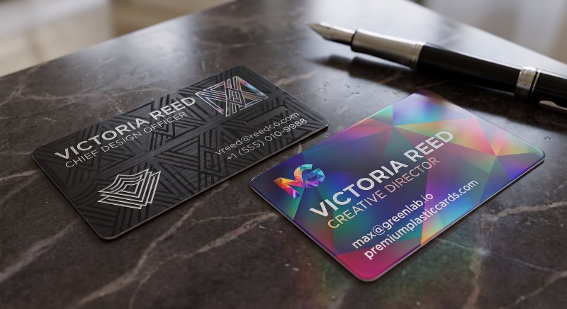 Comparing limited monochromatic metal card printing to vibrant multi-color 30mil PVC business cards