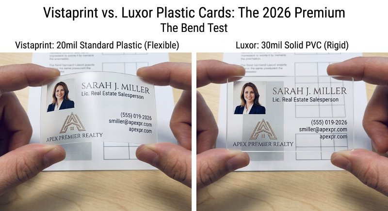 A bend-test comparison showing a flimsy budget plastic card next to a rigid 30mil Luxor plastic card